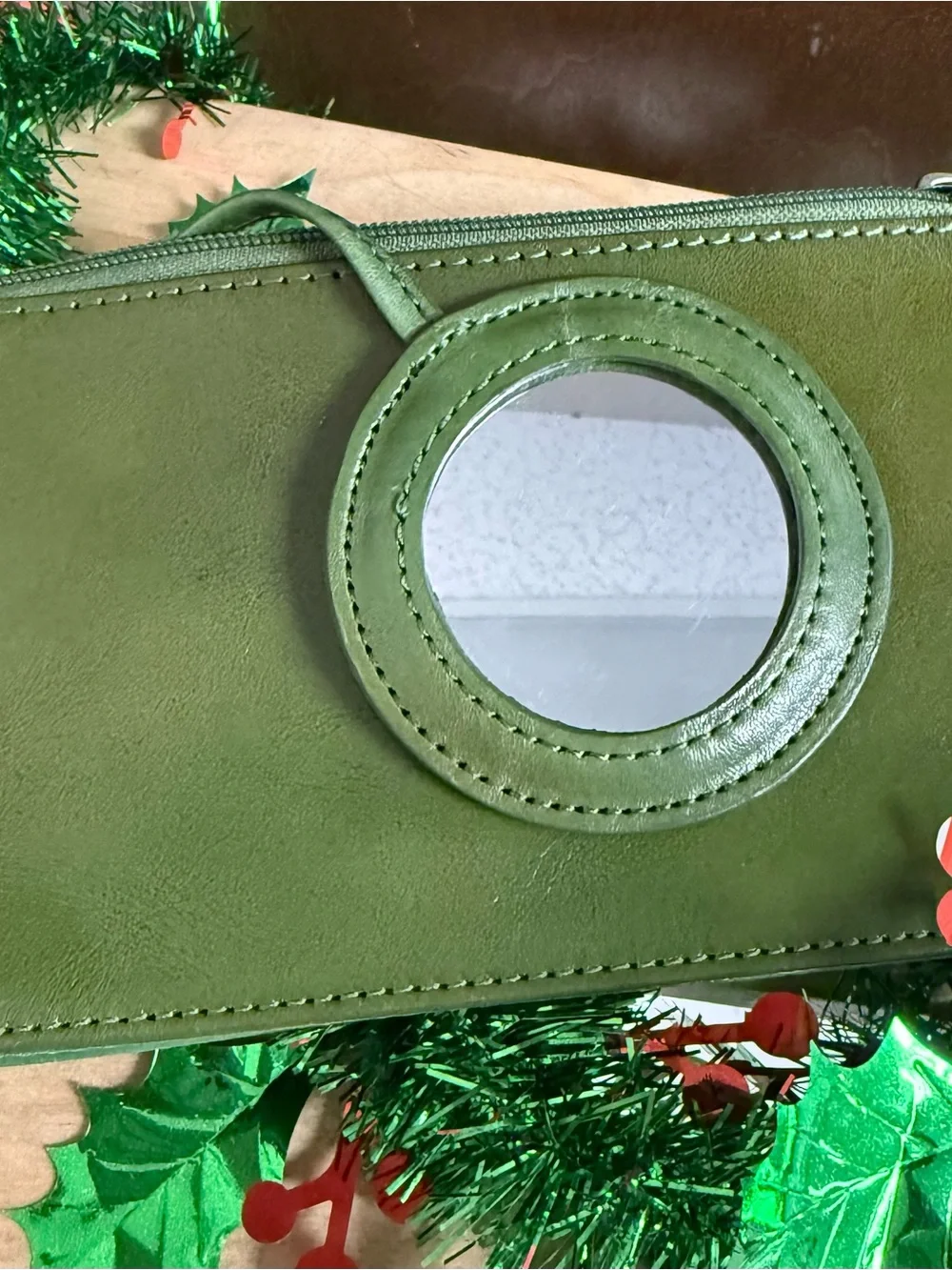 Vintage Green Leather Zip Clutch Wallet with Attached Vanity Touch-Up Mirror